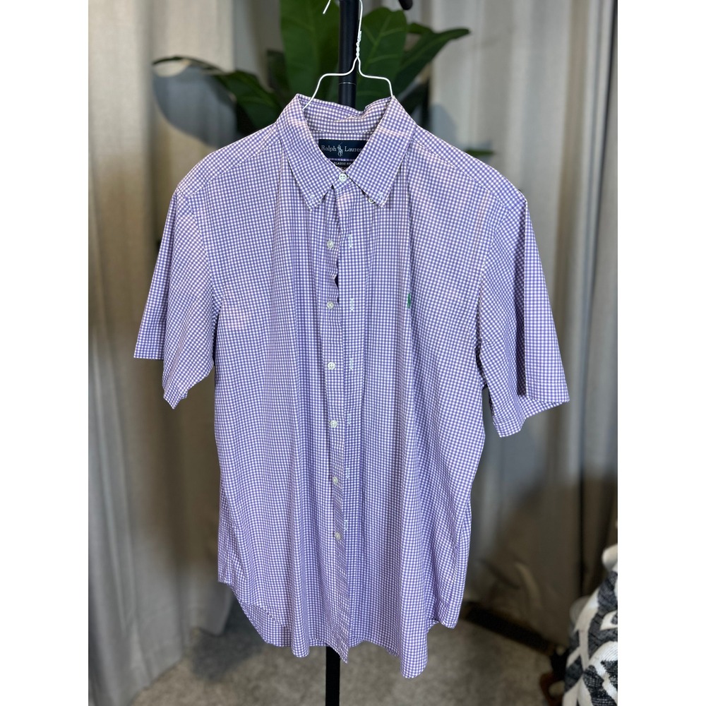 Ralph Lauren Mens Purple Gingham Short Sleeve Button Down Shirt Classic Fit L
